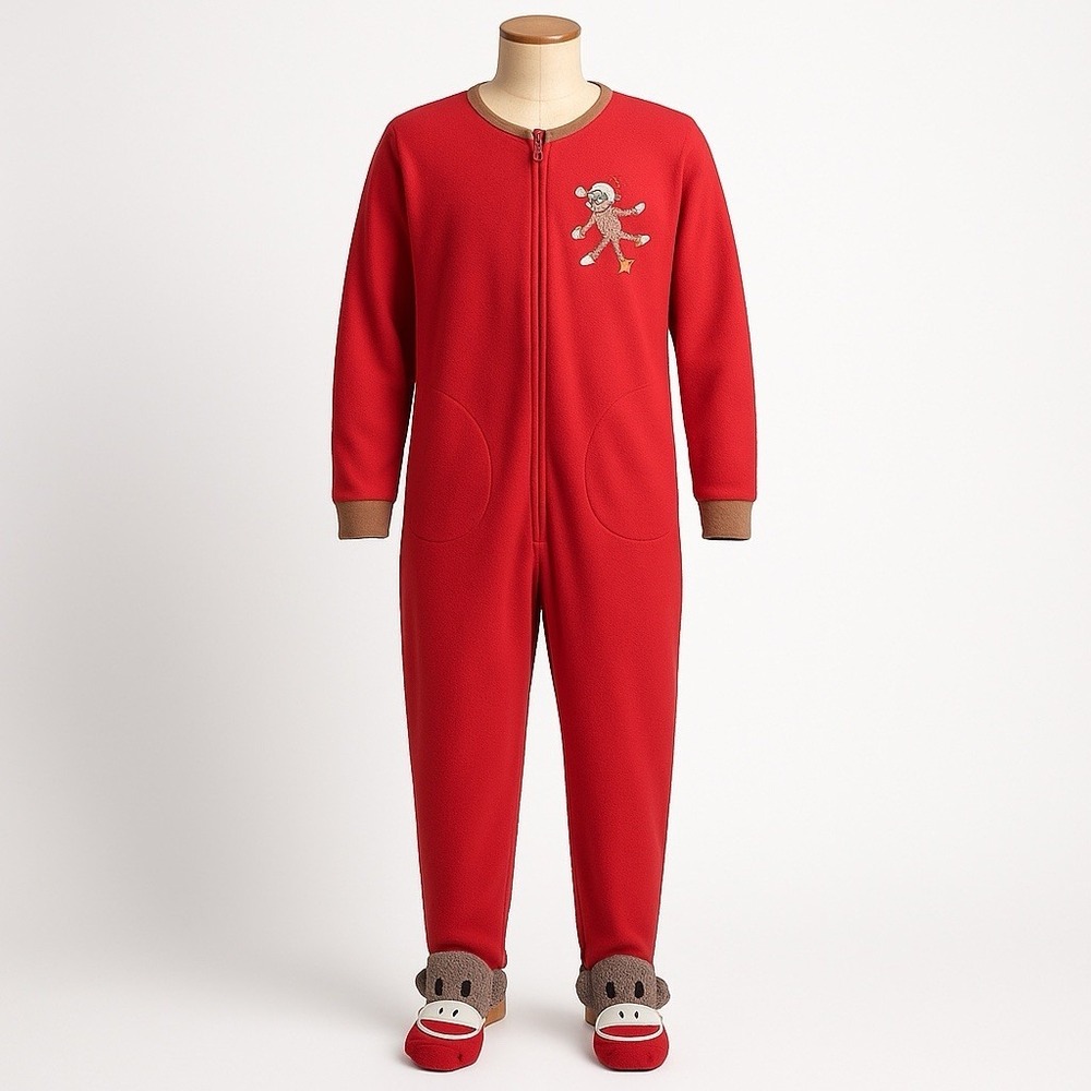 Nick & Nora Sock Monkey Red Fleece Footed One Piece Pajamas Adult‎ Small Holiday